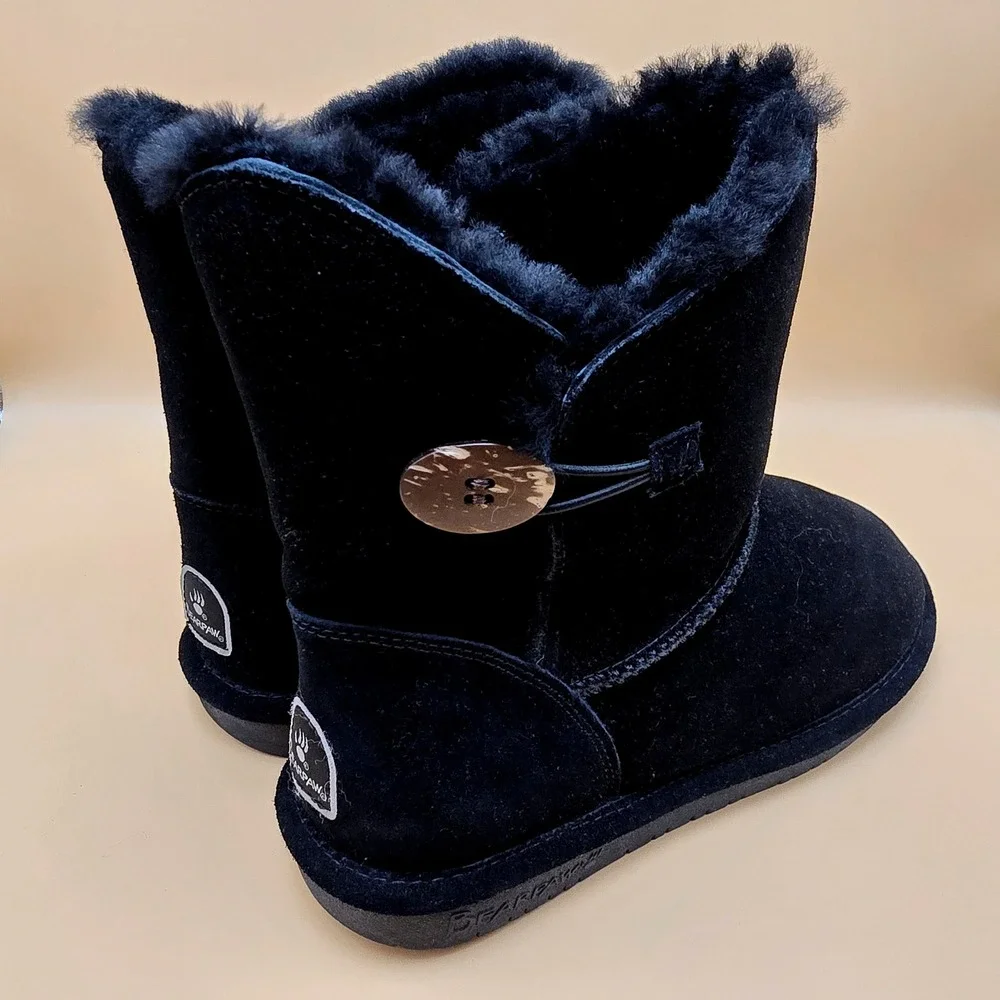 Bearpaw Rosie Black Suede Sheepskin Wool Fur Button Boots 1653W Womens 9